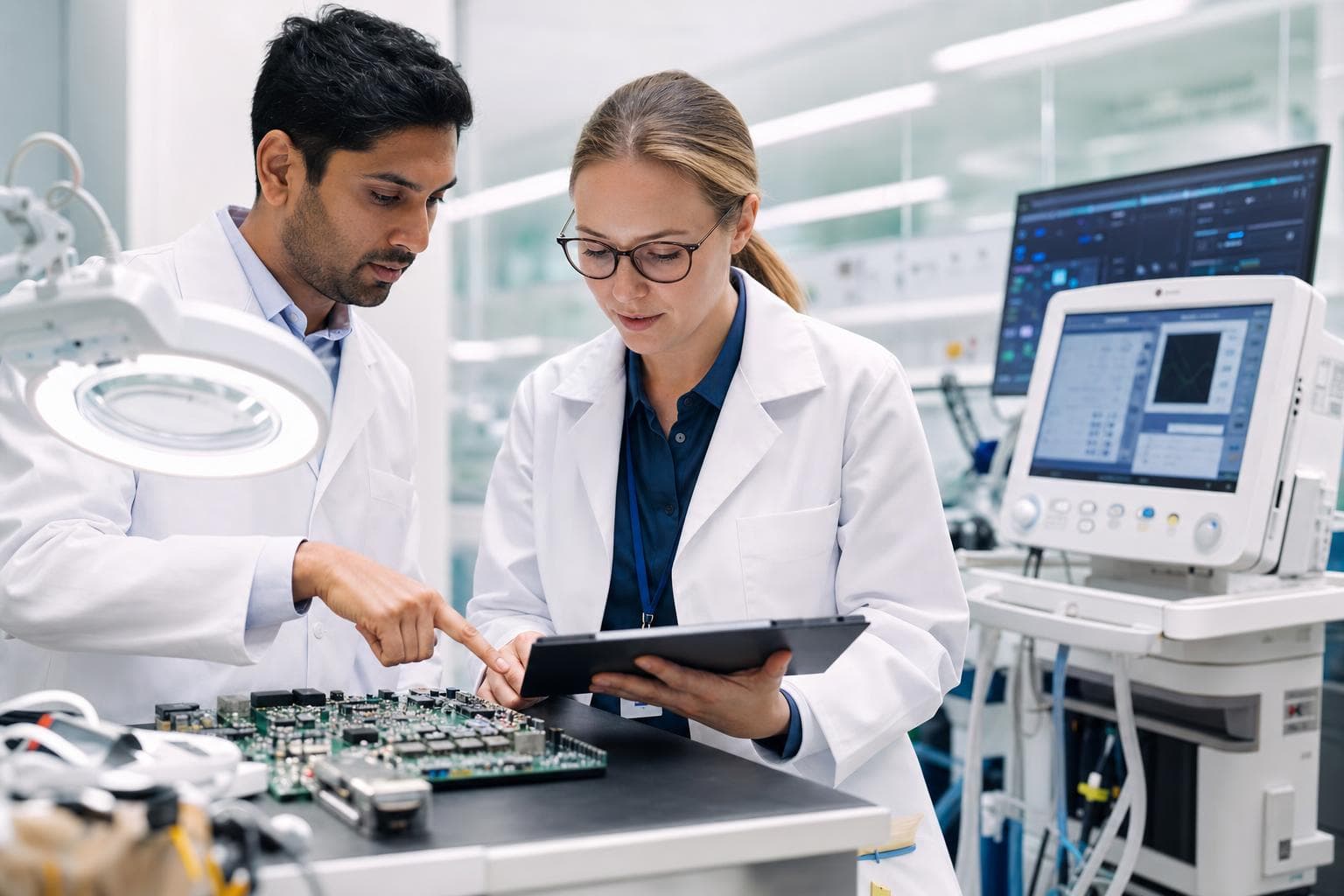 Medical device engineers reviewing compliance documentation in lab